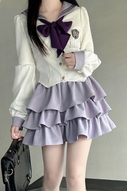 Sailor Suit Set with Pudding Bear Design, Summer JK Uniform Cake Skirt, Short Sleeve, College Style, Waist-Defining Slim Fit