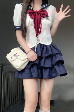 Sailor Suit Set with Pudding Bear Design, Summer JK Uniform Cake Skirt, Short Sleeve, College Style, Waist-Defining Slim Fit
