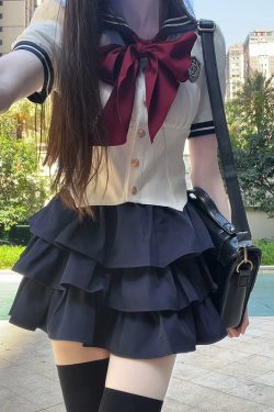 Sailor Suit Set with Pudding Bear Design, Summer JK Uniform Cake Skirt, Short Sleeve, College Style, Waist-Defining Slim Fit