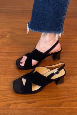 Sanded Sheepskin Cross-Strap Chunky Heel Open-Toe Sandals for Women - Summer 2025 Black Roman High Heels Fashion Footwear