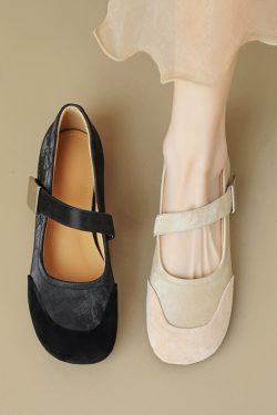 Sanded Sheepskin Spliced Mary Jane Flats for Women - Soft Bottom Round Toe Shoes for Spring/Summer 2025 Fashion