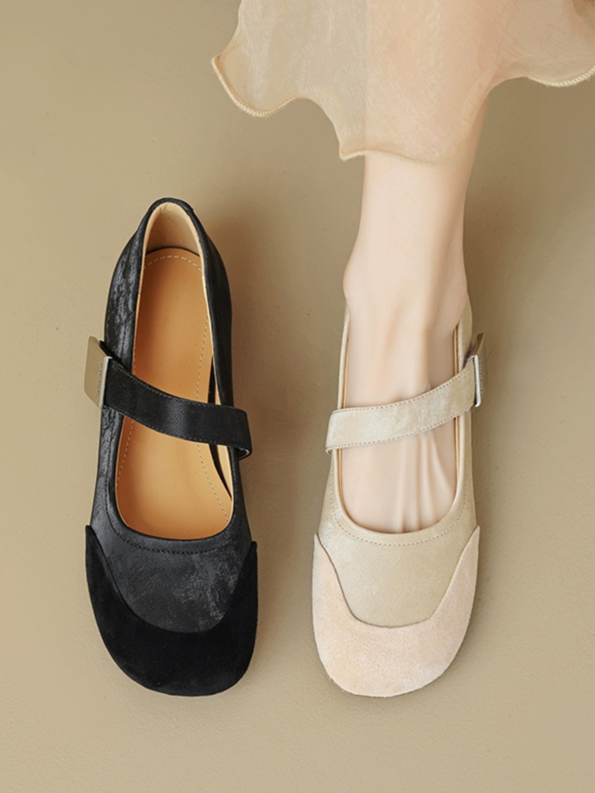 Sanded Sheepskin Spliced Mary Jane Flats for Women - Soft Bottom Round Toe Shoes for Spring/Summer 2025 Fashion Sanded Sheepskin Spliced Mary Jane Flats for Women - Soft Bottom Round Toe Shoes for Spring/Summer 2025 Fashion