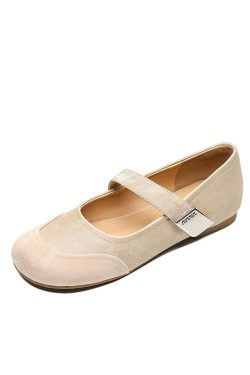 Sanded Sheepskin Spliced Mary Jane Flats for Women - Soft Bottom Round Toe Shoes for Spring/Summer 2025 Fashion