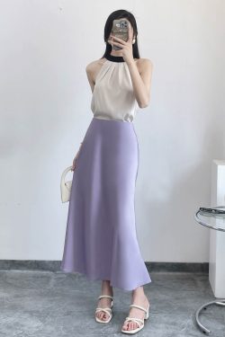 Satin Half Skirt with Diagonal Cut, Flared Design, High Waist, Silky Elastic Waist, Versatile Glossy Mid-Length Acetate Skirt