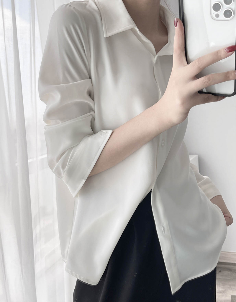 Satin Long Sleeve Shirt with Slimming Lapel, Solid Color, Glossy Finish for Commuting - Spring Fashion Top Satin Long Sleeve Shirt with Slimming Lapel, Solid Color, Glossy Finish for Commuting - Spring Fashion Top