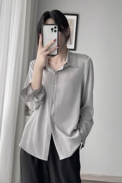 Satin Long Sleeve Shirt with Slimming Lapel, Solid Color, Glossy Finish for Commuting - Spring Fashion Top