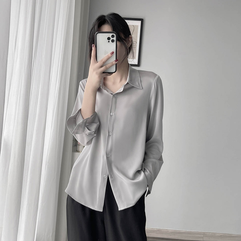 Satin Long Sleeve Shirt with Slimming Lapel, Solid Color, Glossy Finish for Commuting - Spring Fashion Top Satin Long Sleeve Shirt with Slimming Lapel, Solid Color, Glossy Finish for Commuting - Spring Fashion Top