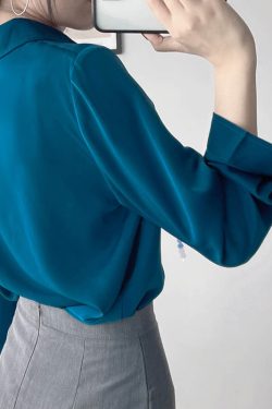 Satin Long Sleeve Shirt with Slimming Lapel, Solid Color, Glossy Finish for Commuting - Spring Fashion Top