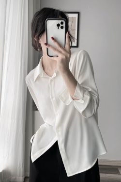 Satin Long Sleeve Shirt with Slimming Lapel, Solid Color, Glossy Finish for Commuting - Spring Fashion Top