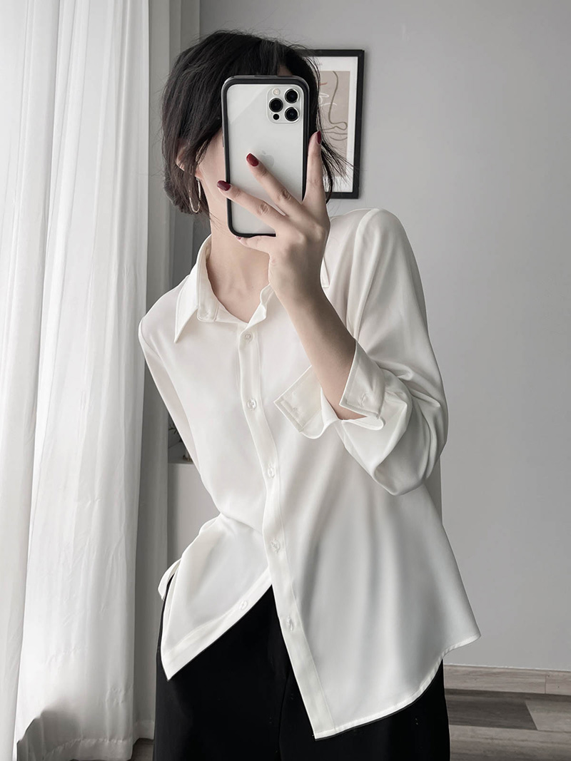 Satin Long Sleeve Shirt with Slimming Lapel, Solid Color, Glossy Finish for Commuting - Spring Fashion Top Satin Long Sleeve Shirt with Slimming Lapel, Solid Color, Glossy Finish for Commuting - Spring Fashion Top