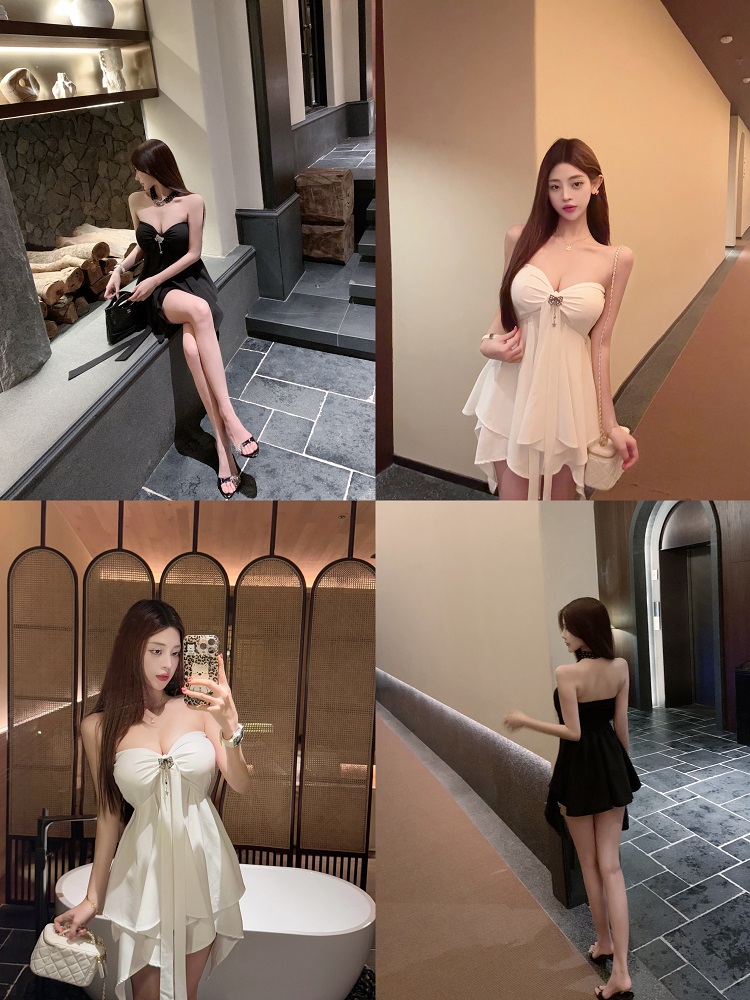 Sexy Halter Neck Dress - Strapless Two-Way Wear, Slim Fit with Built-in Bra Pads, Perfect for 90s and Y2K Inspired Styles Sexy Halter Neck Dress - Strapless Two-Way Wear, Slim Fit with Built-in Bra Pads, Perfect for 90s and Y2K Inspired Styles