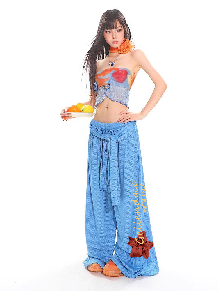 Sexy Lace Tank Top and Breathable Mesh Wide-Leg Pants Set for Summer, Y2K Style, Trendy Women's Outfit Sexy Lace Tank Top and Breathable Mesh Wide-Leg Pants Set for Summer, Y2K Style, Trendy Women's Outfit