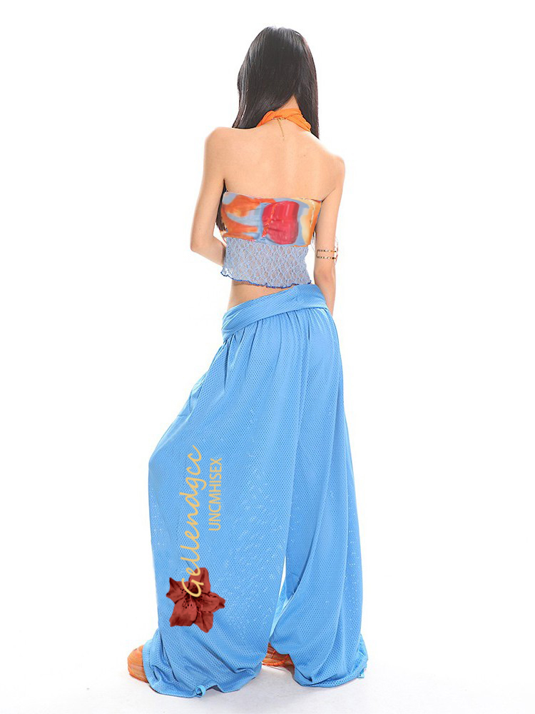 Sexy Lace Tank Top and Breathable Mesh Wide-Leg Pants Set for Summer, Y2K Style, Trendy Women's Outfit Sexy Lace Tank Top and Breathable Mesh Wide-Leg Pants Set for Summer, Y2K Style, Trendy Women's Outfit