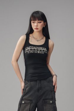 Sexy Tight Sleeveless Tank Top for Women - American Style Beer Team Captain - Summer 2025 Trendy Y2K Fashion