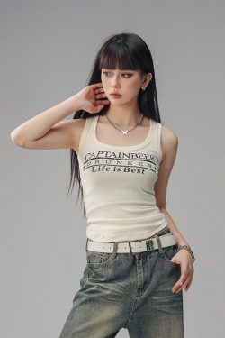 Sexy Tight Sleeveless Tank Top for Women - American Style Beer Team Captain - Summer 2025 Trendy Y2K Fashion