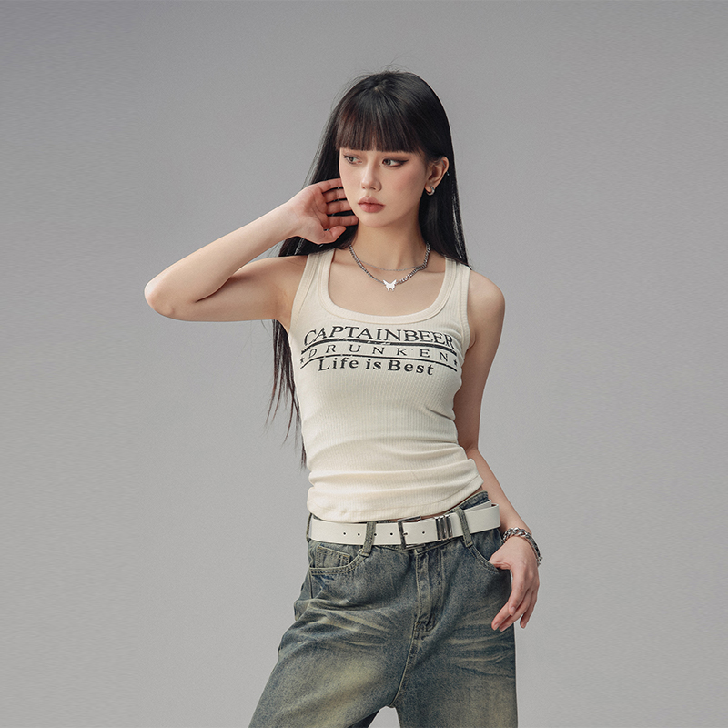 Sexy Tight Sleeveless Tank Top for Women - American Style Beer Team Captain - Summer 2025 Trendy Y2K Fashion Sexy Tight Sleeveless Tank Top for Women - American Style Beer Team Captain - Summer 2025 Trendy Y2K Fashion