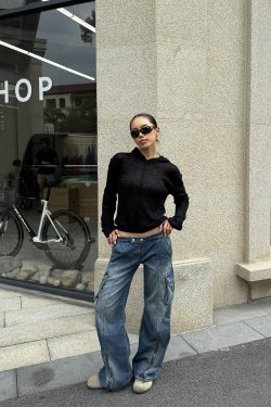 Sexy Ultra-Low Waist Vintage Street Cargo Denim Pants in Deep Blue - Heavy-Duty 90s Inspired Workwear Trousers