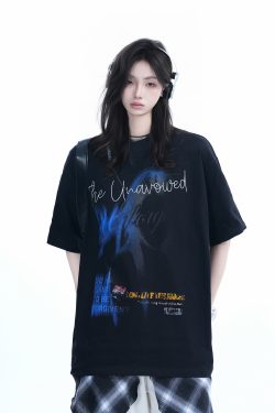 Shadow Girl Graphic Black Short Sleeve T-Shirt for Women - Summer Loose Fit American Design