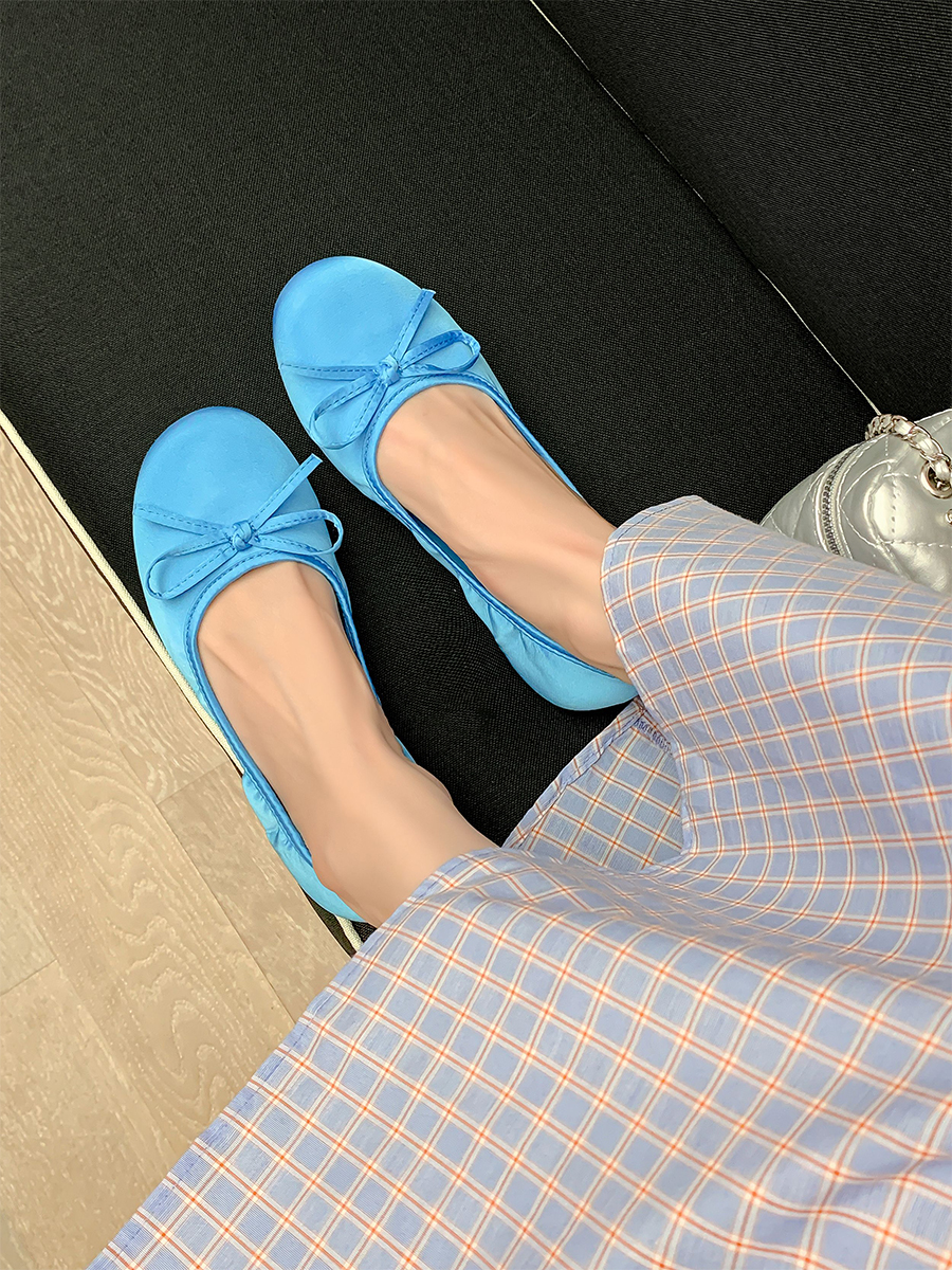 Sheepskin Blue French Bow Round Toe Ballet Flats for Women - Gentle Style Slip-On Flat Shoes Sheepskin Blue French Bow Round Toe Ballet Flats for Women - Gentle Style Slip-On Flat Shoes