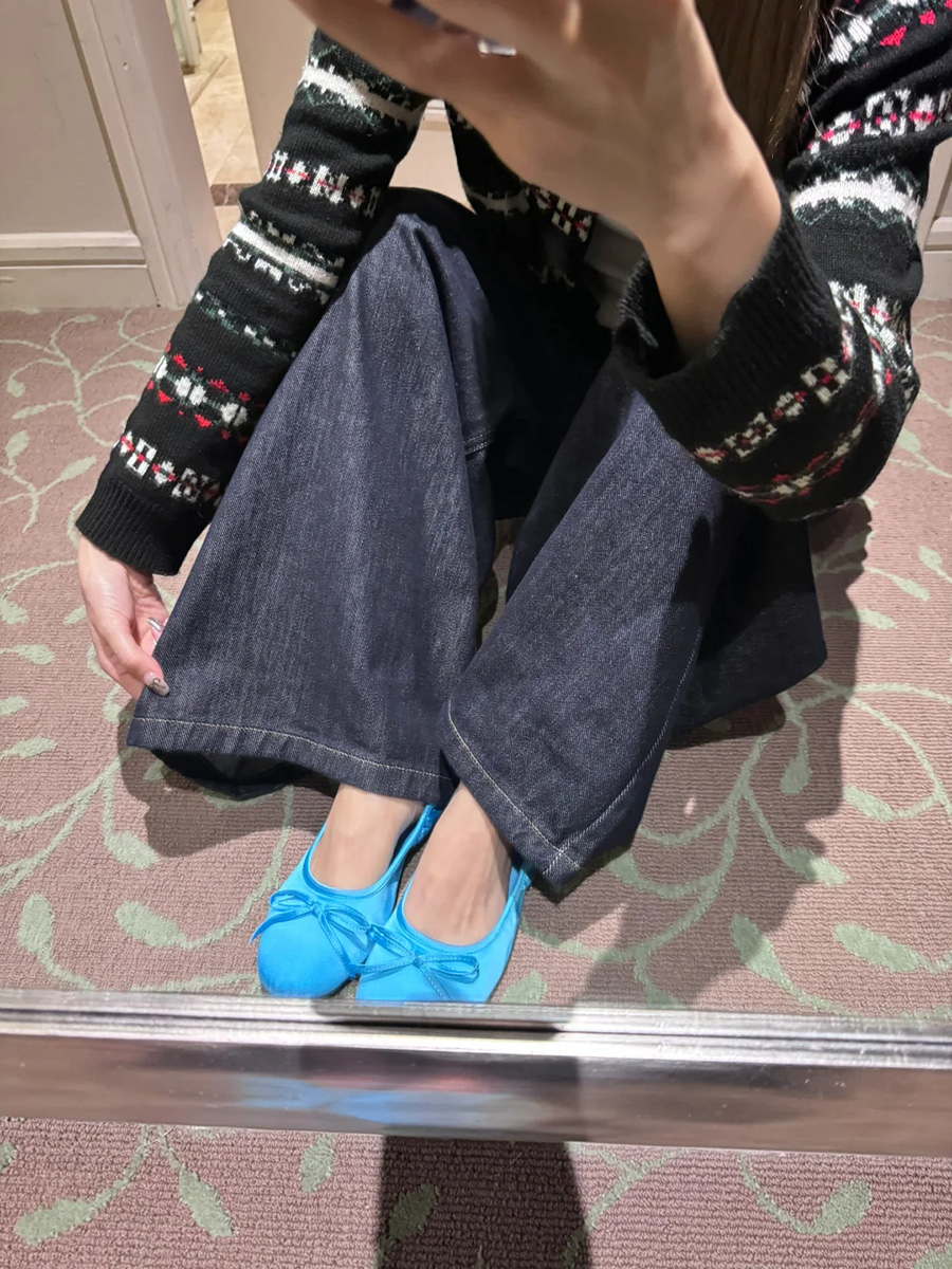 Sheepskin Blue French Bow Round Toe Ballet Flats for Women - Gentle Style Slip-On Flat Shoes Sheepskin Blue French Bow Round Toe Ballet Flats for Women - Gentle Style Slip-On Flat Shoes