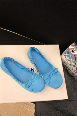 Sheepskin Blue French Bow Round Toe Ballet Flats for Women - Gentle Style Slip-On Flat Shoes