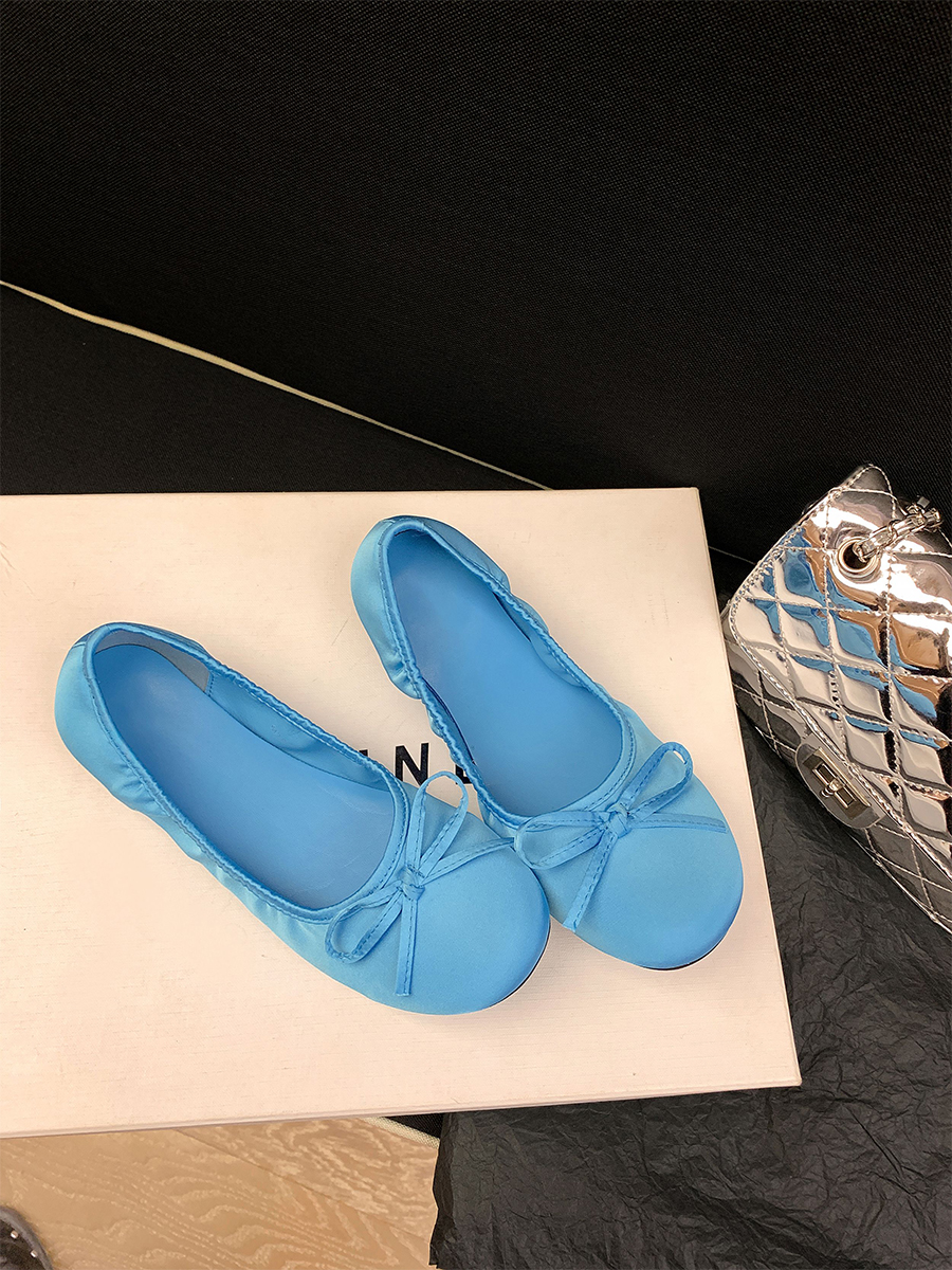 Sheepskin Blue French Bow Round Toe Ballet Flats for Women - Gentle Style Slip-On Flat Shoes Sheepskin Blue French Bow Round Toe Ballet Flats for Women - Gentle Style Slip-On Flat Shoes