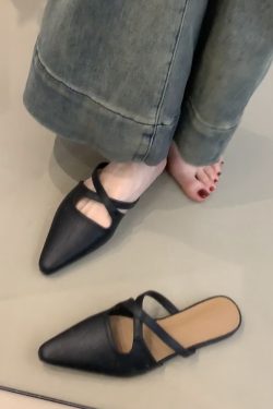 Sheepskin French Cross-Strap Open-Toe Half Slippers - Flat Slip-On Cool Sandals, Elegant Mules for Chic Summer Style