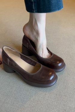 Sheepskin French Round-Toe High-Heeled Mary Jane Shoes for Women - Elegant Chunky Heel Slip-On Commuter Style