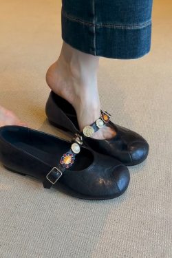 Sheepskin Mary Jane Shoes for Women - Round Head, Metal Buckle, One-Strap, Retro Flat Ballet Style, Versatile Fashion Footwear