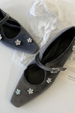 Sheepskin Mary Jane Shoes for Women with Silver Strap, Rhinestone Flower Detail, Height-Increasing, Square-Toe Design