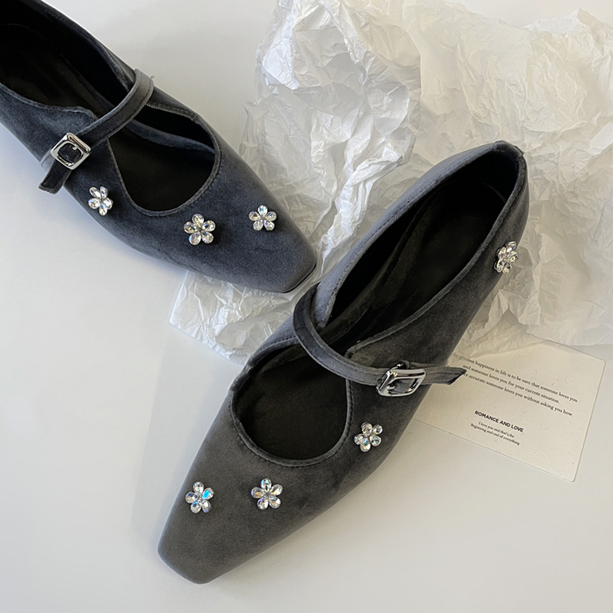 Sheepskin Mary Jane Shoes for Women with Silver Strap, Rhinestone Flower Detail, Height-Increasing, Square-Toe Design Sheepskin Mary Jane Shoes for Women with Silver Strap, Rhinestone Flower Detail, Height-Increasing, Square-Toe Design