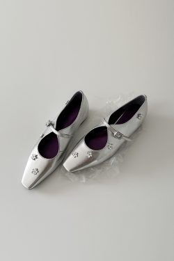 Sheepskin Mary Jane Shoes for Women with Silver Strap, Rhinestone Flower Detail, Height-Increasing, Square-Toe Design