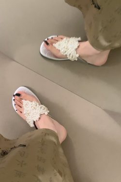 Sheepskin Pearl Thong Flat Sandals for Women - Bohemian Beach Flip-Flops, Summer Vacation Style