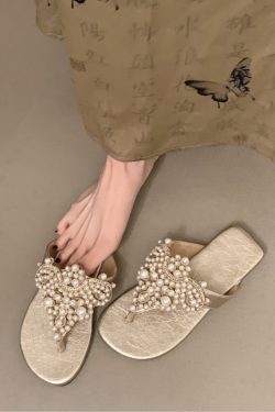 Sheepskin Pearl Thong Flat Sandals for Women - Bohemian Beach Flip-Flops, Summer Vacation Style