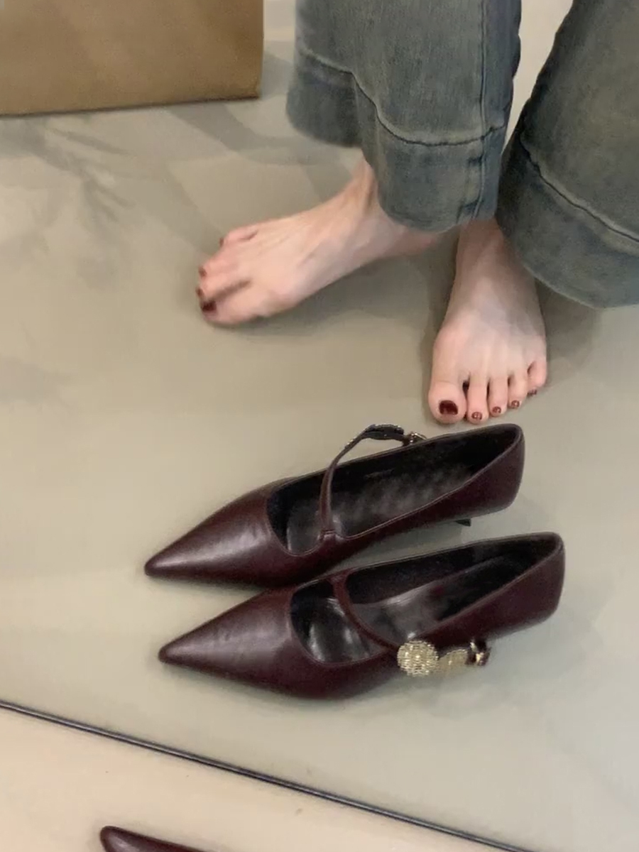 Sheepskin Pointed Toe High-Heeled Shoes with Metal Buckle - French Style Low-Heeled Commuter Shoes for Women Sheepskin Pointed Toe High-Heeled Shoes with Metal Buckle - French Style Low-Heeled Commuter Shoes for Women