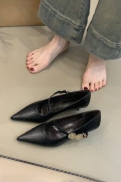 Sheepskin Pointed Toe High-Heeled Shoes with Metal Buckle - French Style Low-Heeled Commuter Shoes for Women