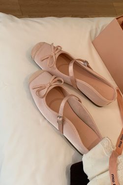 Sheepskin Silver Bow Ballet Shoes for Women – Summer One-Strap Half Slippers, Height-Increasing Shallow Mouth Flats