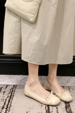 Sheepskin Silver Bow Ballet Shoes for Women – Summer One-Strap Half Slippers, Height-Increasing Shallow Mouth Flats