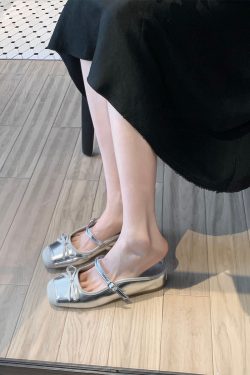 Sheepskin Silver Bow Ballet Shoes for Women – Summer One-Strap Half Slippers, Height-Increasing Shallow Mouth Flats