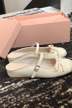 Sheepskin Silver Bow Ballet Shoes for Women – Summer One-Strap Half Slippers, Height-Increasing Shallow Mouth Flats