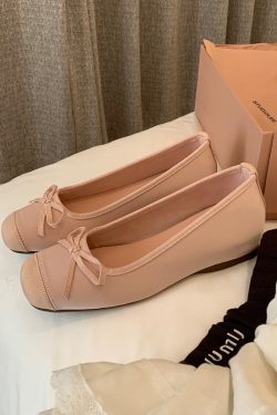 Sheepskin Silver Bow Ballet Shoes for Women – Summer One-Strap Half Slippers, Height-Increasing Shallow Mouth Flats