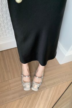 Sheepskin Silver Bow Ballet Shoes for Women – Summer One-Strap Half Slippers, Height-Increasing Shallow Mouth Flats