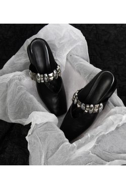 Sheepskin Square Head Rivet One-Strap Closed-Toe Half Slippers for Women - Height-Increasing French Style Slip-On Sandals