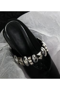 Sheepskin Square Head Rivet One-Strap Closed-Toe Half Slippers for Women - Height-Increasing French Style Slip-On Sandals