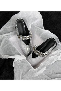 Sheepskin Square Head Rivet One-Strap Closed-Toe Half Slippers for Women - Height-Increasing French Style Slip-On Sandals