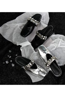 Sheepskin Square Head Rivet One-Strap Closed-Toe Half Slippers for Women - Height-Increasing French Style Slip-On Sandals