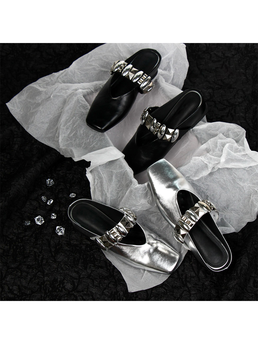 Sheepskin Square Head Rivet One-Strap Closed-Toe Half Slippers for Women - Height-Increasing French Style Slip-On Sandals Sheepskin Square Head Rivet One-Strap Closed-Toe Half Slippers for Women - Height-Increasing French Style Slip-On Sandals