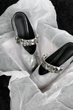 Sheepskin Square Head Rivet One-Strap Closed-Toe Half Slippers for Women - Height-Increasing French Style Slip-On Sandals