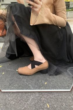 Sheepskin Square-Toed Ballet Shoes for Women, Cross-Strap Pig-Nose Retro Flat Chunky Heel Loafers