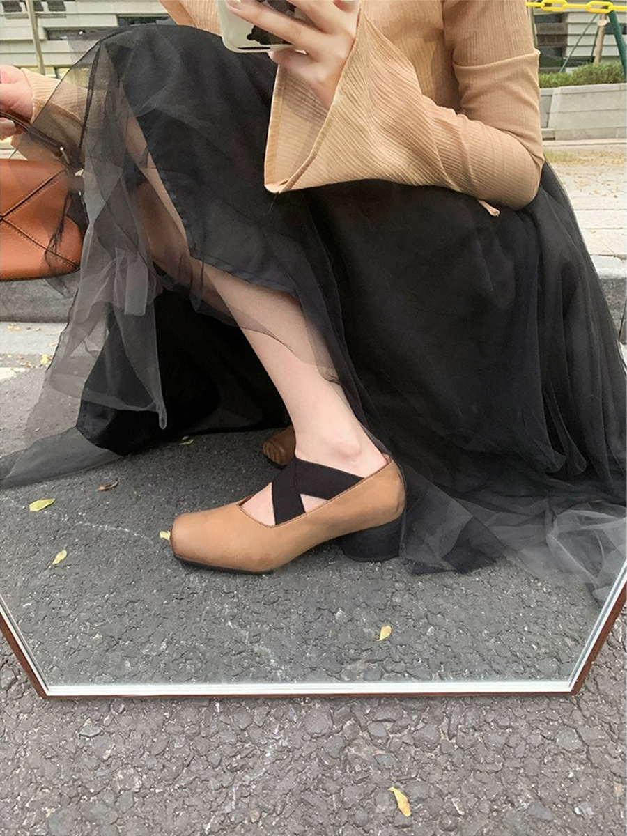 Sheepskin Square-Toed Ballet Shoes for Women, Cross-Strap Pig-Nose Retro Flat Chunky Heel Loafers Sheepskin Square-Toed Ballet Shoes for Women, Cross-Strap Pig-Nose Retro Flat Chunky Heel Loafers